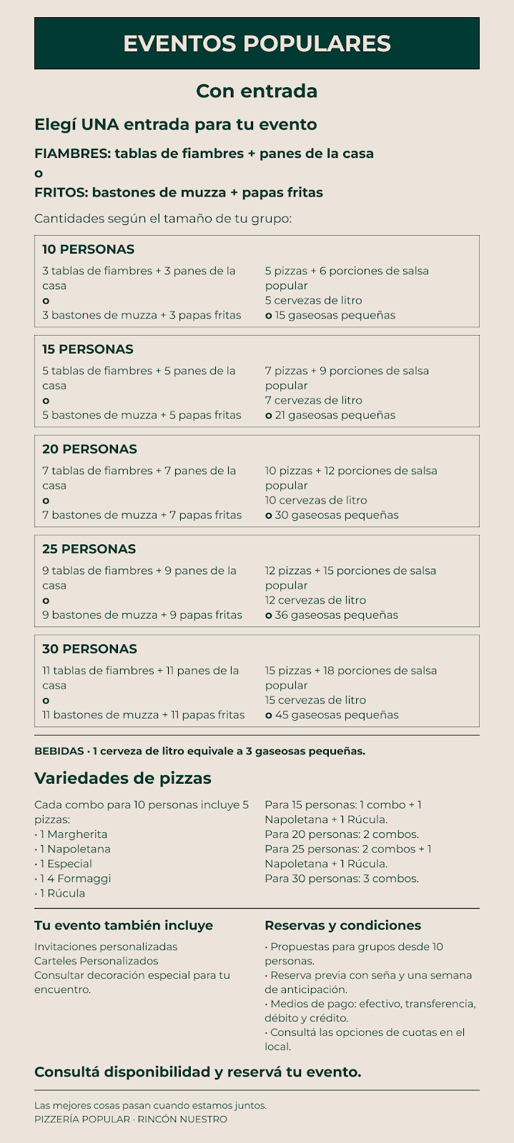 Eventos Populares con entrada: una entrada a elección (tablas de fiambres con panes de la casa, o bastones de muzza con papas fritas), pizzas, salsa popular y bebidas, en cantidades para 10, 15, 20, 25 o 30 personas.